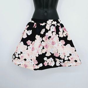 TOBI Circle Skirt S Black Pink White Floral Print Zip Short Classic Cottagecore